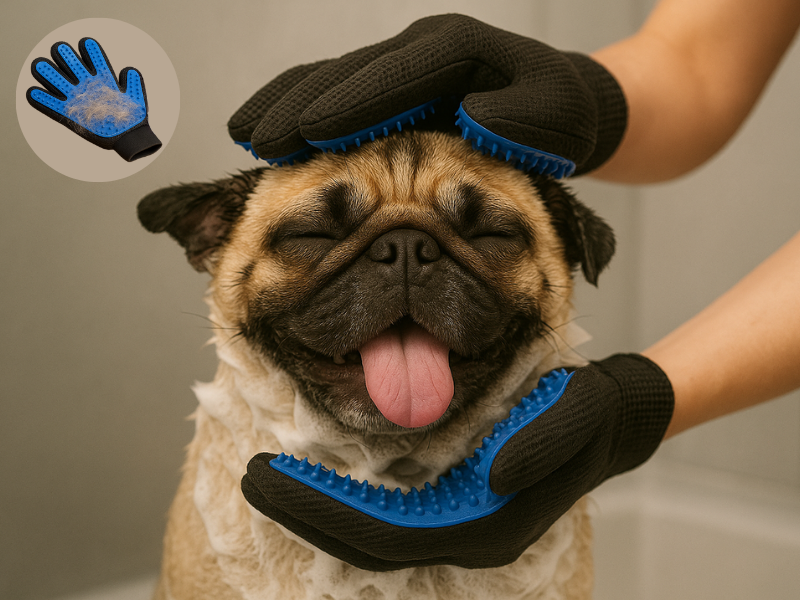 Gant de toilettage bleu pour chien avec embouts en caoutchouc et sangle réglable, idéal pour le brossage doux et le soin du pelage.